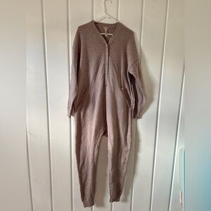 Free People Onesie - Tan Knit V-Neck Long-Sleeve Jumpsuit W/ button Flap Bottom